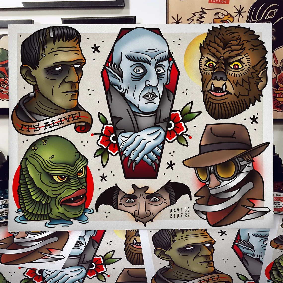 universal monsters tattoo Universal Monsters Tattoo Flash Art Print