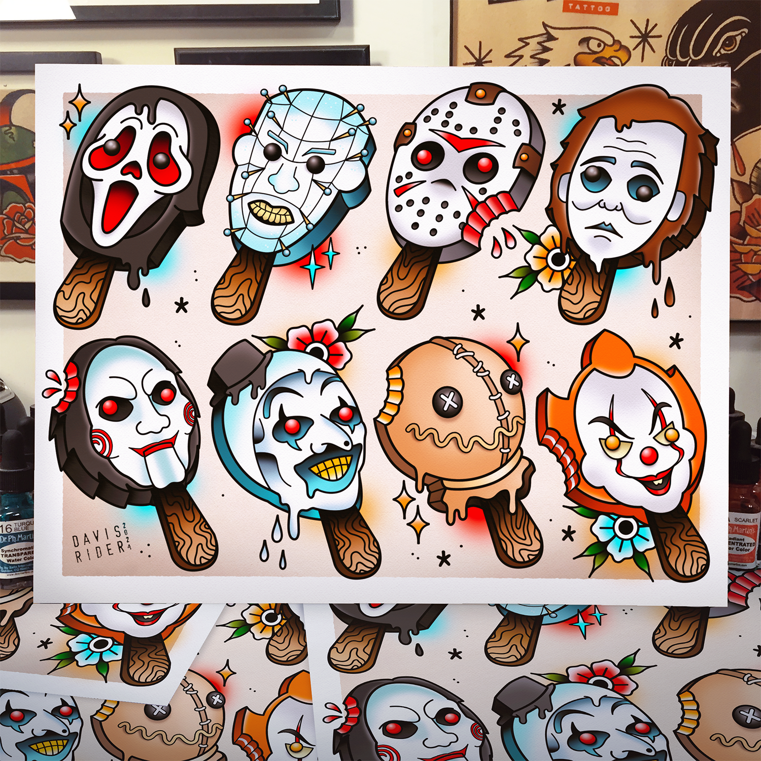 Horror Popsicles Tattoo Flash Sheet